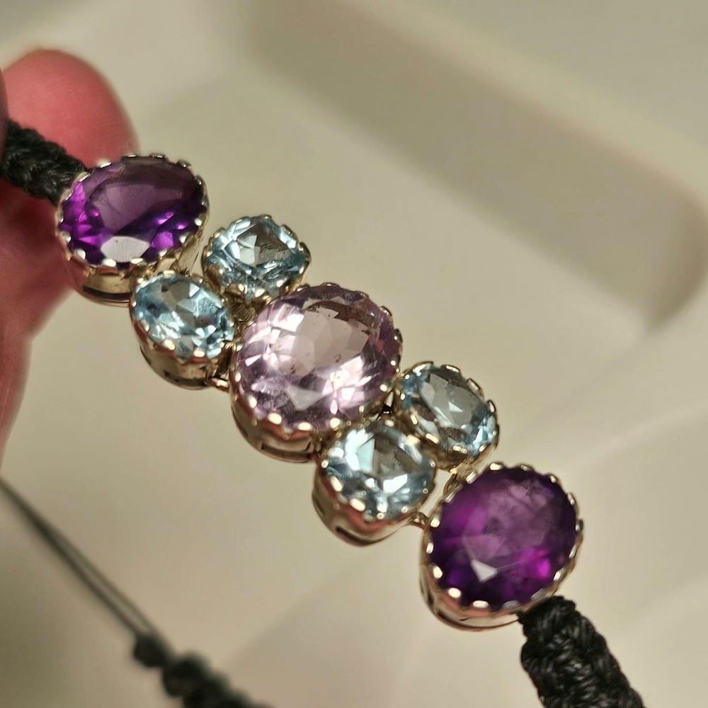 Amethyst & blue topaz BOHO friendship bracelet  7-gemstone pure silver setting
